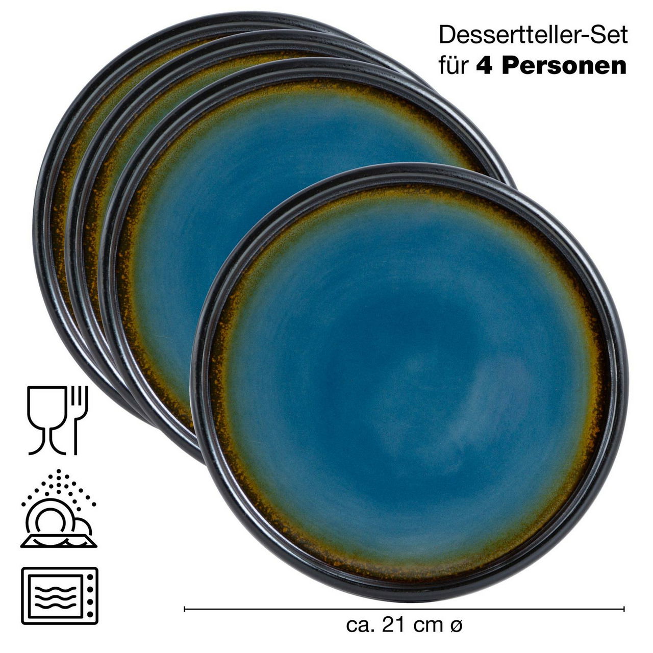 Set aus vier blauen Desserttellern mit braunem Rand, Draufsicht, ca. 21 cm Durchmesser