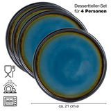 Set aus vier blauen Desserttellern mit braunem Rand, Draufsicht, ca. 21 cm Durchmesser