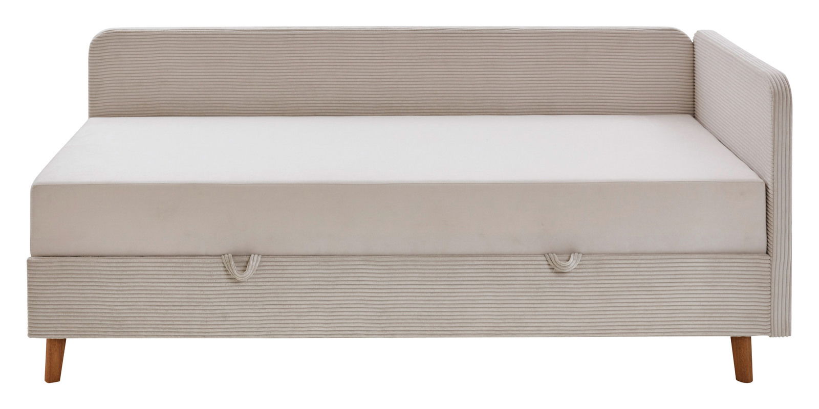 Frontale Ansicht eines beigen Polsterbetts mit Holzfüßen und geripptem Stoffbezug.