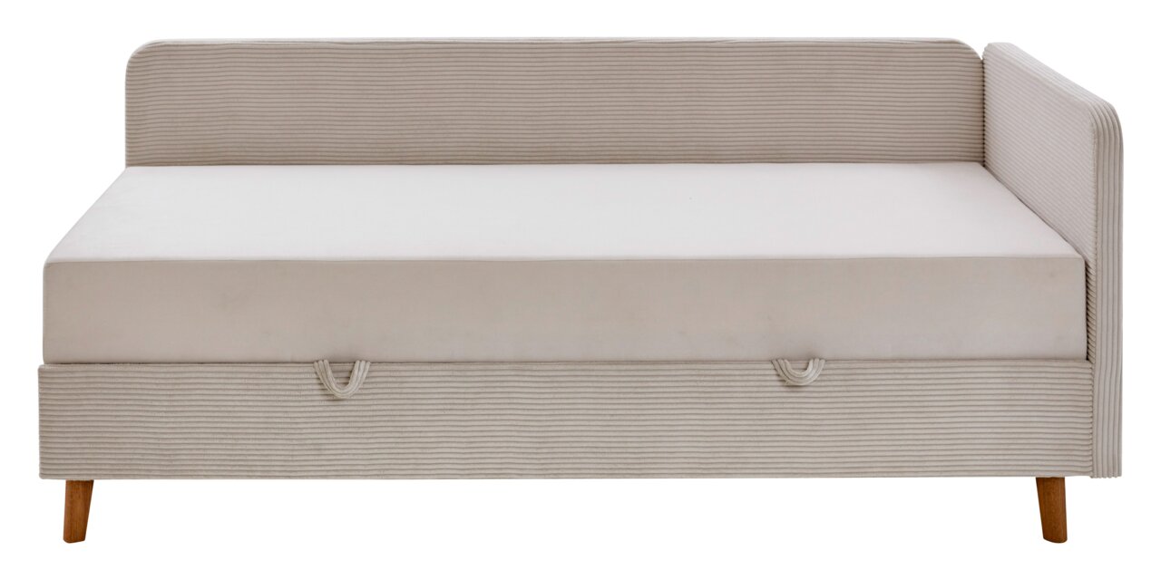Frontale Ansicht eines beigen Polsterbetts mit Holzfüßen und geripptem Stoffbezug.