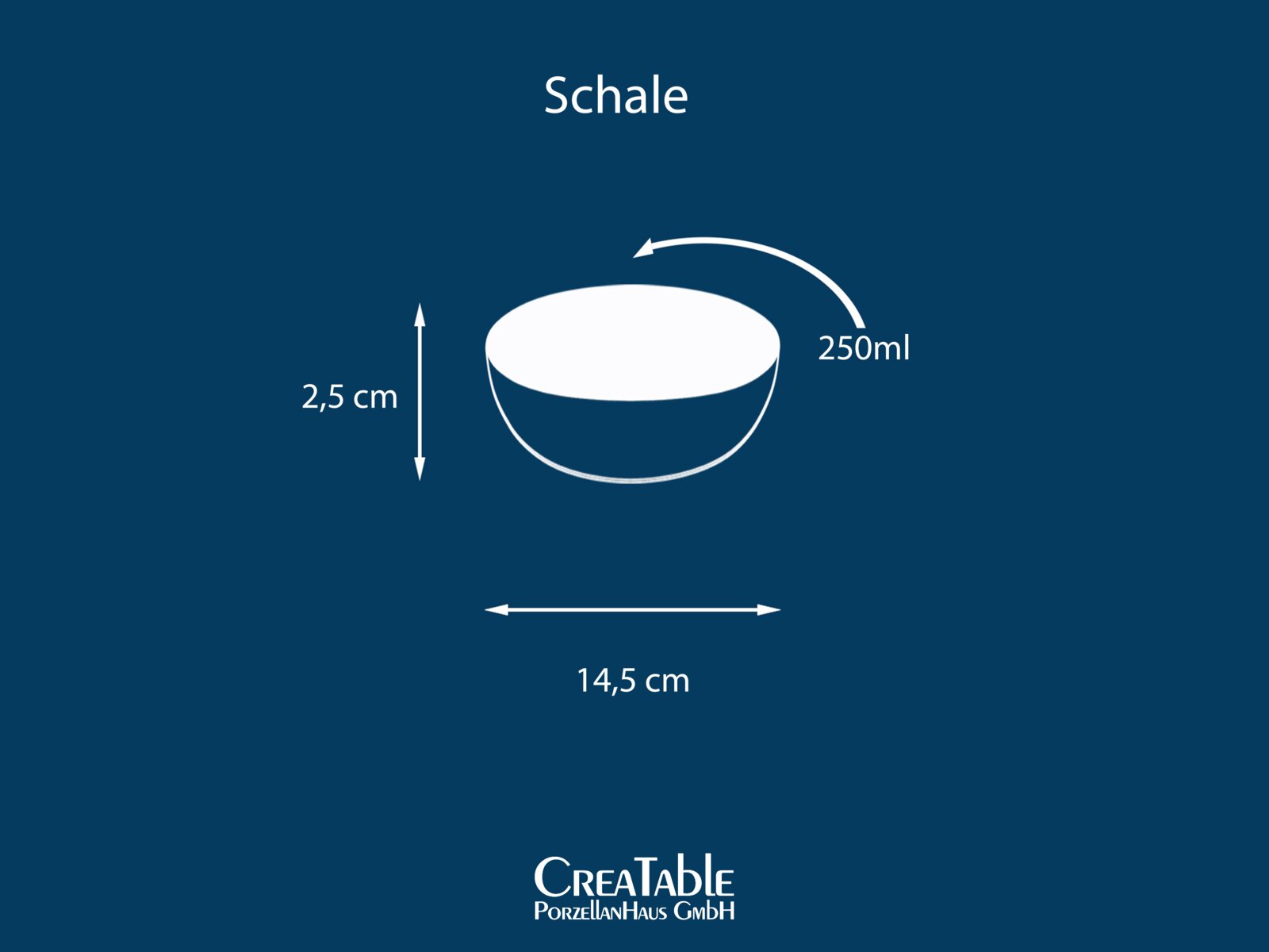 Grafische Darstellung einer Schale (Draufsicht/leicht schräg von oben) mit 250 ml Fassungsvermögen, 14,5 cm Durchmesser und 2,5 cm Höhe auf blauem Hintergrund.