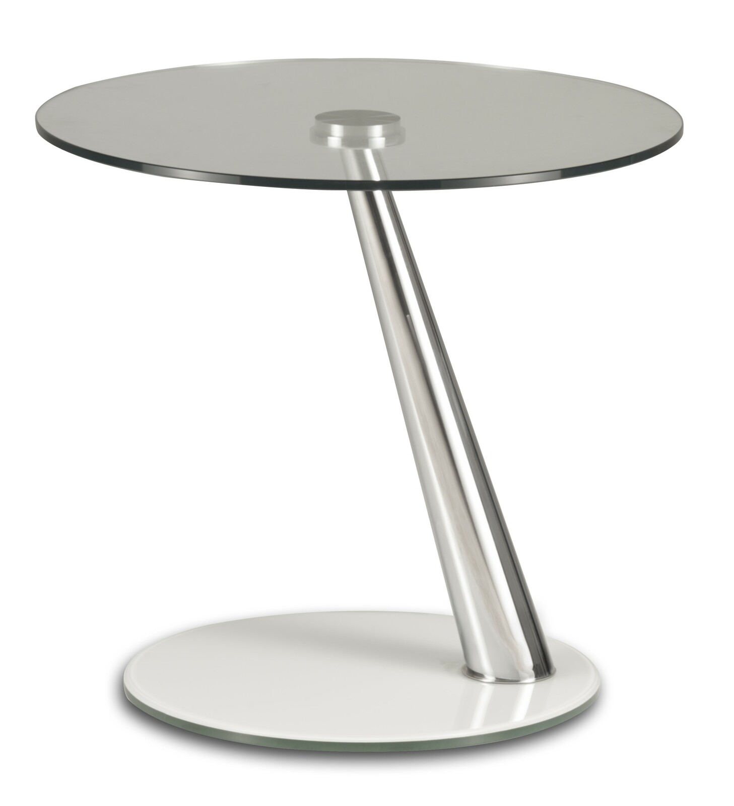 Moderner Beistelltisch mit rundem Glasplatte und schrägem Metallfuß, seitliche Perspektive