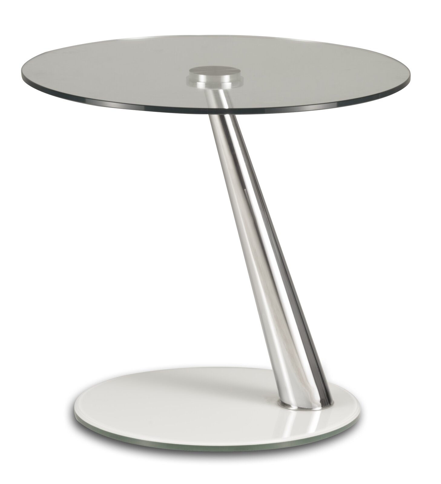 Zurbrüggen Beistelltisch HARRY Moderner Beistelltisch mit rundem Glasplatte und schrägem Metallfuß, seitliche Perspektive