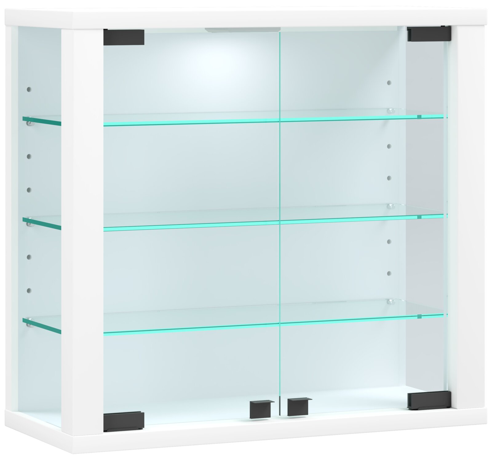 Weißer Badezimmer-Spiegelschrank mit zwei Glastüren, verstellbaren Glasböden und schwarzen Scharnieren, frontal von vorne aufgenommen