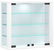 Weißer Badezimmer-Spiegelschrank mit zwei Glastüren, verstellbaren Glasböden und schwarzen Scharnieren, frontal von vorne aufgenommen