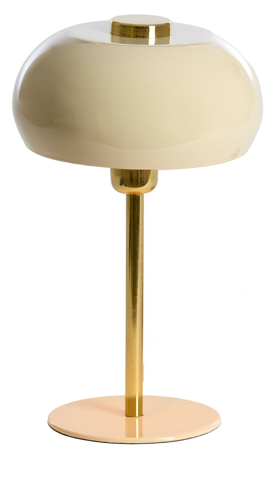 Elegante Tischleuchte mit goldenem Ständer und cremefarbenem Schirm, seitliche Perspektive