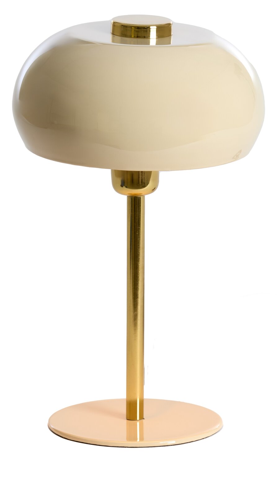 Elegante Tischleuchte mit goldenem Ständer und cremefarbenem Schirm, seitliche Perspektive