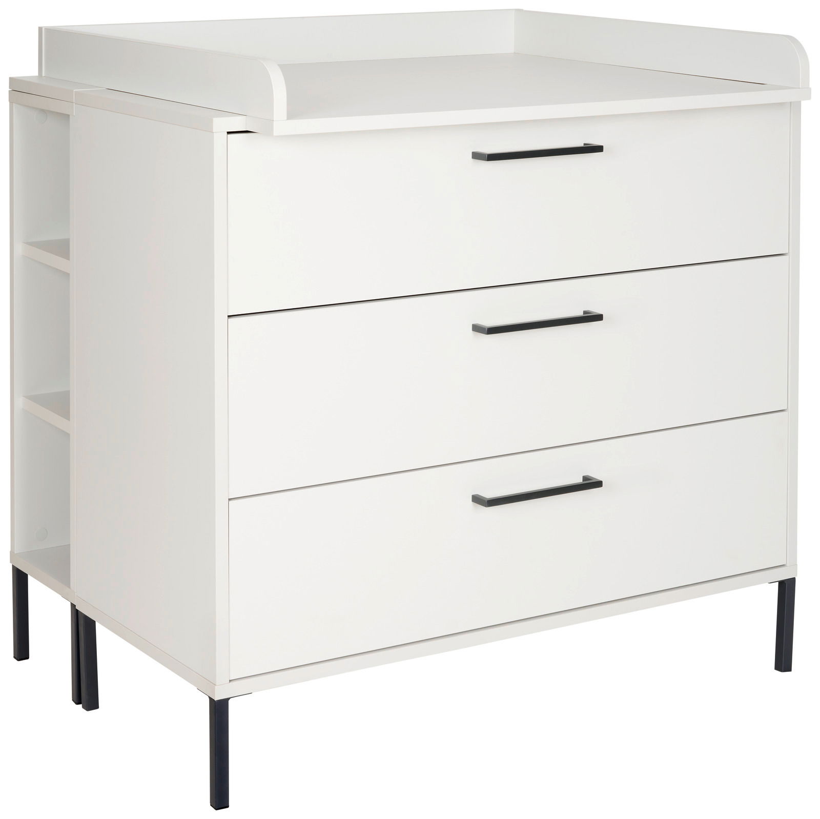 Weißes Unterstellregal mit drei Schubladen und schwarzen Griffen, seitliche Regalfächer, Perspektive von vorne links