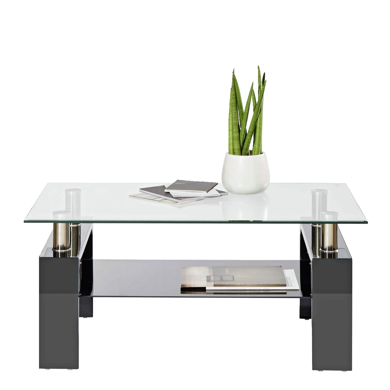 Moderner Couchtisch mit Glasplatte und schwarzem Gestell, dekoriert mit einer Pflanze und Büchern, seitliche Perspektive.