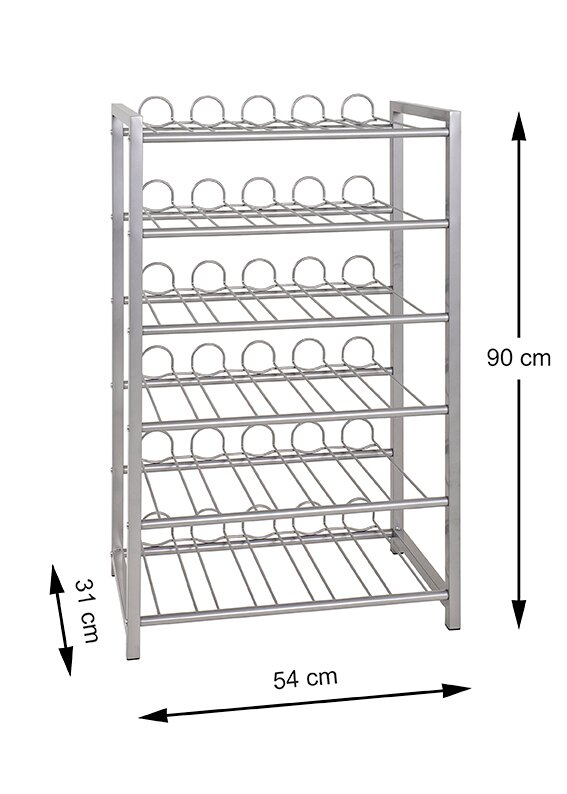 Silberfarbenes Metall-Schuhregal mit 6 Ebenen und Bügeln, Maße ca. 54 x 31 x 90 cm, freistehend auf weißem Hintergrund, Perspektive: frontale leicht schräge Ansicht