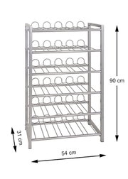 Silberfarbenes Metall-Schuhregal mit 6 Ebenen und Bügeln, Maße ca. 54 x 31 x 90 cm, freistehend auf weißem Hintergrund, Perspektive: frontale leicht schräge Ansicht