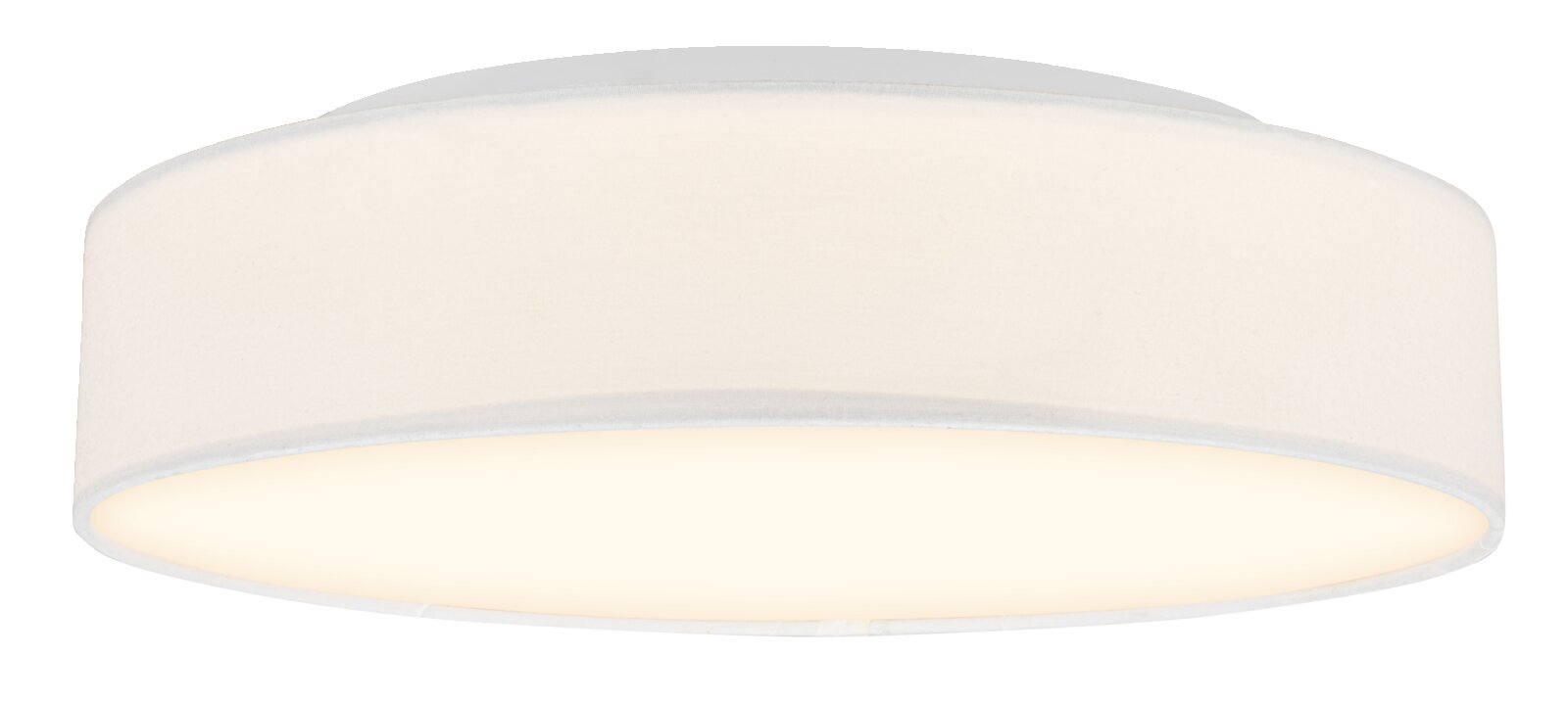 Runde, flache LED-Deckenleuchte in Weiß mit opalem Diffusor und warmweiß leuchtender Unterseite, frontale Ansicht leicht von unten