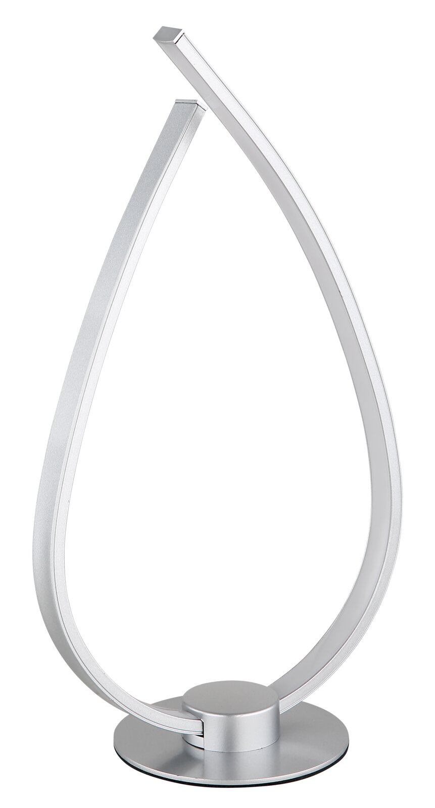 Moderne LED-Tischleuchte in Tropfenform aus silberfarbenem Metall mit rundem Standfuß, frontal in leichter Seitenansicht vor weißem Hintergrund