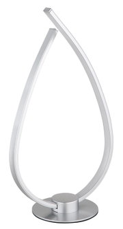 Moderne LED-Tischleuchte in Tropfenform aus silberfarbenem Metall mit rundem Standfuß, frontal in leichter Seitenansicht vor weißem Hintergrund