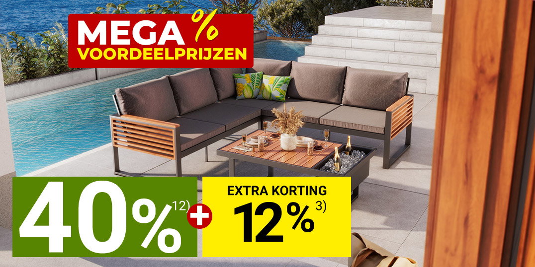 Loungeset op terras met zeezicht, zwembad en mega spaarprijzen-actie in moderne vakantiesfeer.