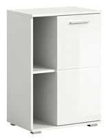 Weiße Schuhkommode mit zwei offenen Fächern und einer Tür, perspektivisch von vorne links betrachtet.