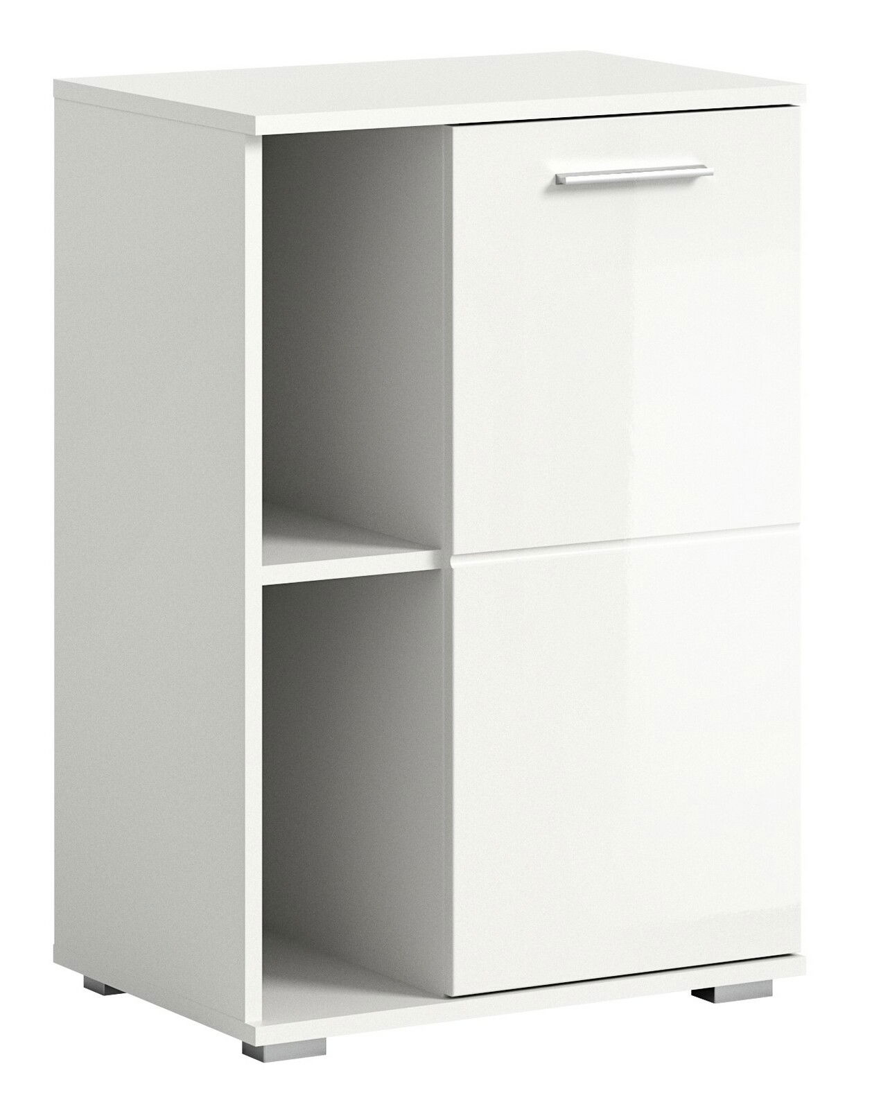 MID.YOU Schuhkommode PREGO Weiße Schuhkommode mit zwei offenen Fächern und einer Tür, perspektivisch von vorne links betrachtet.