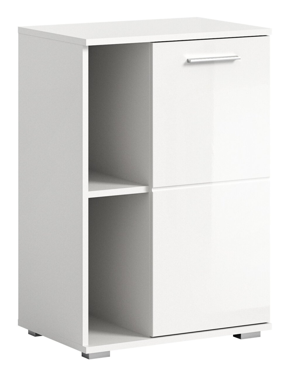 MID.YOU Schuhkommode PREGO Weiße Schuhkommode mit zwei offenen Fächern und einer Tür, perspektivisch von vorne links betrachtet.