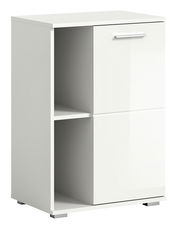 Weiße Schuhkommode mit zwei offenen Fächern und einer Tür, perspektivisch von vorne links betrachtet.