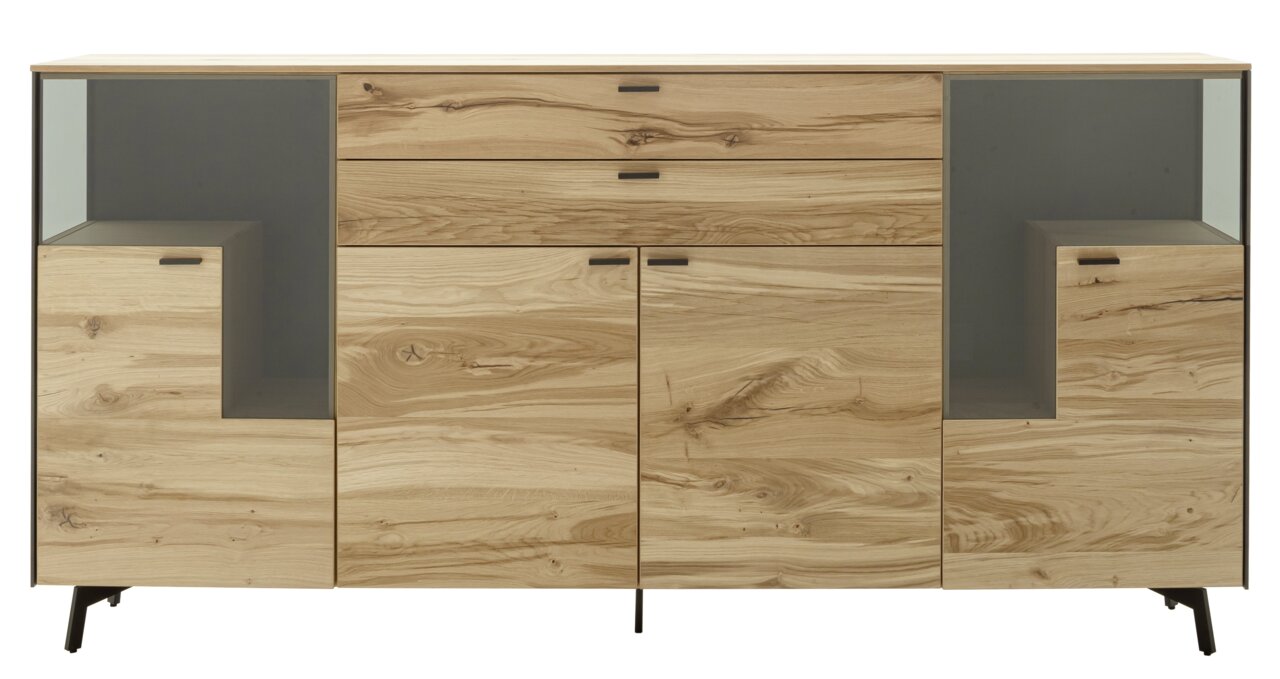 Vooraanzicht van een modern dressoir van licht hout met twee glazen panelen en meerdere lades.