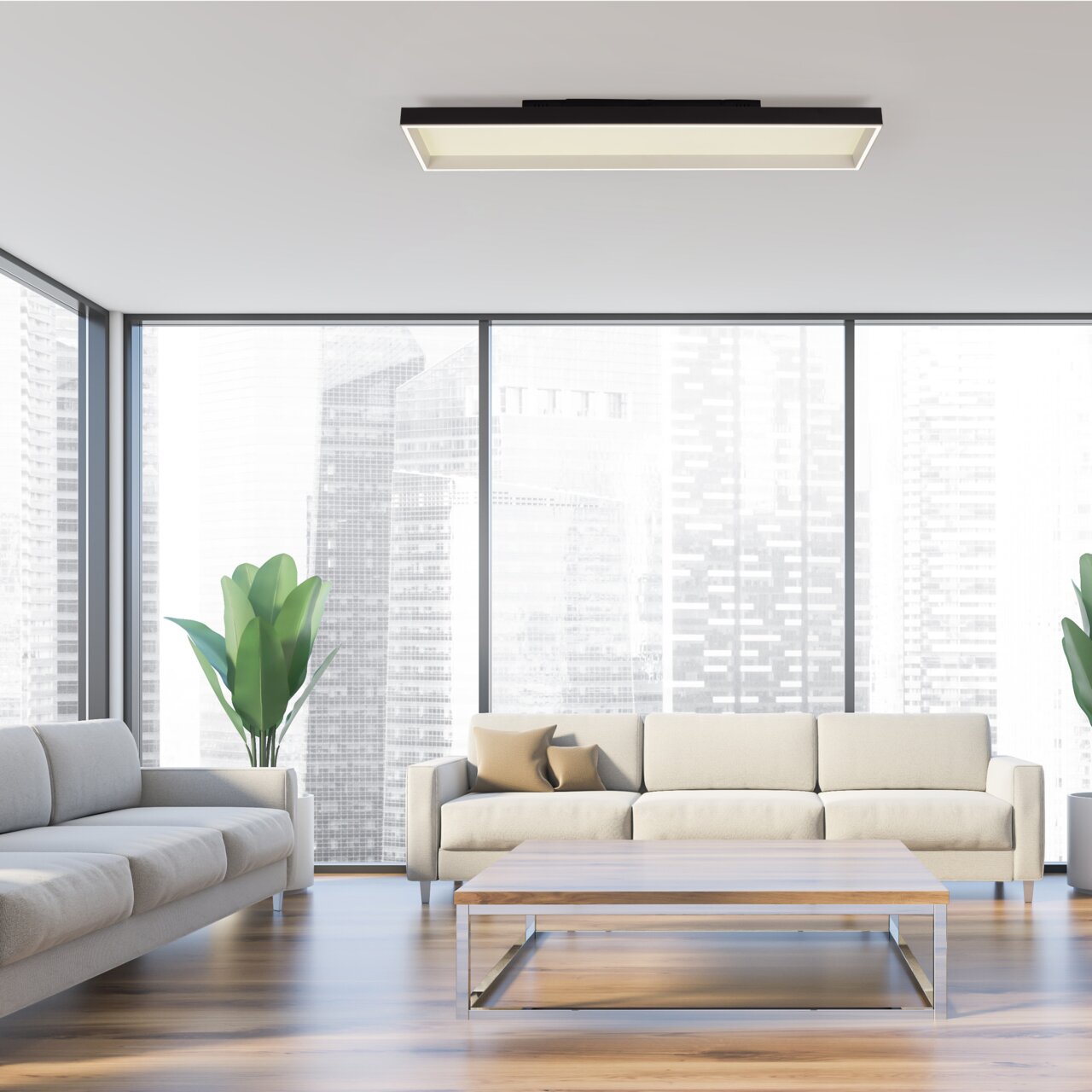 Moderne plafondlamp Q-MAGONG van Paul Neuhaus in een stijlvolle woonkamer, gezien vanuit een laag standpunt.