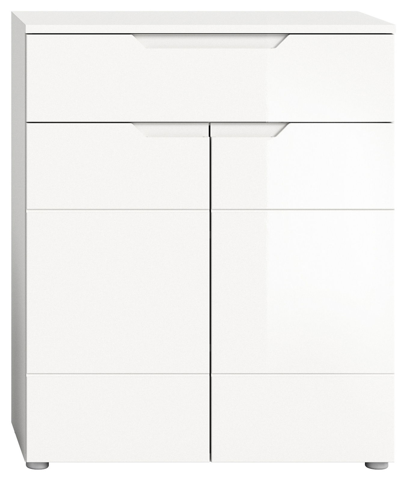 Weiße Schuhkommode mit Schubladen und Türen, frontale Ansicht