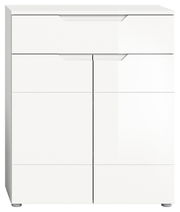 Weiße Schuhkommode mit Schubladen und Türen, frontale Ansicht