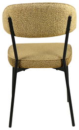 Rückansicht eines Stuhls mit schwarzem Metallrahmen und beige gepolstertem Sitz und Rückenlehne.