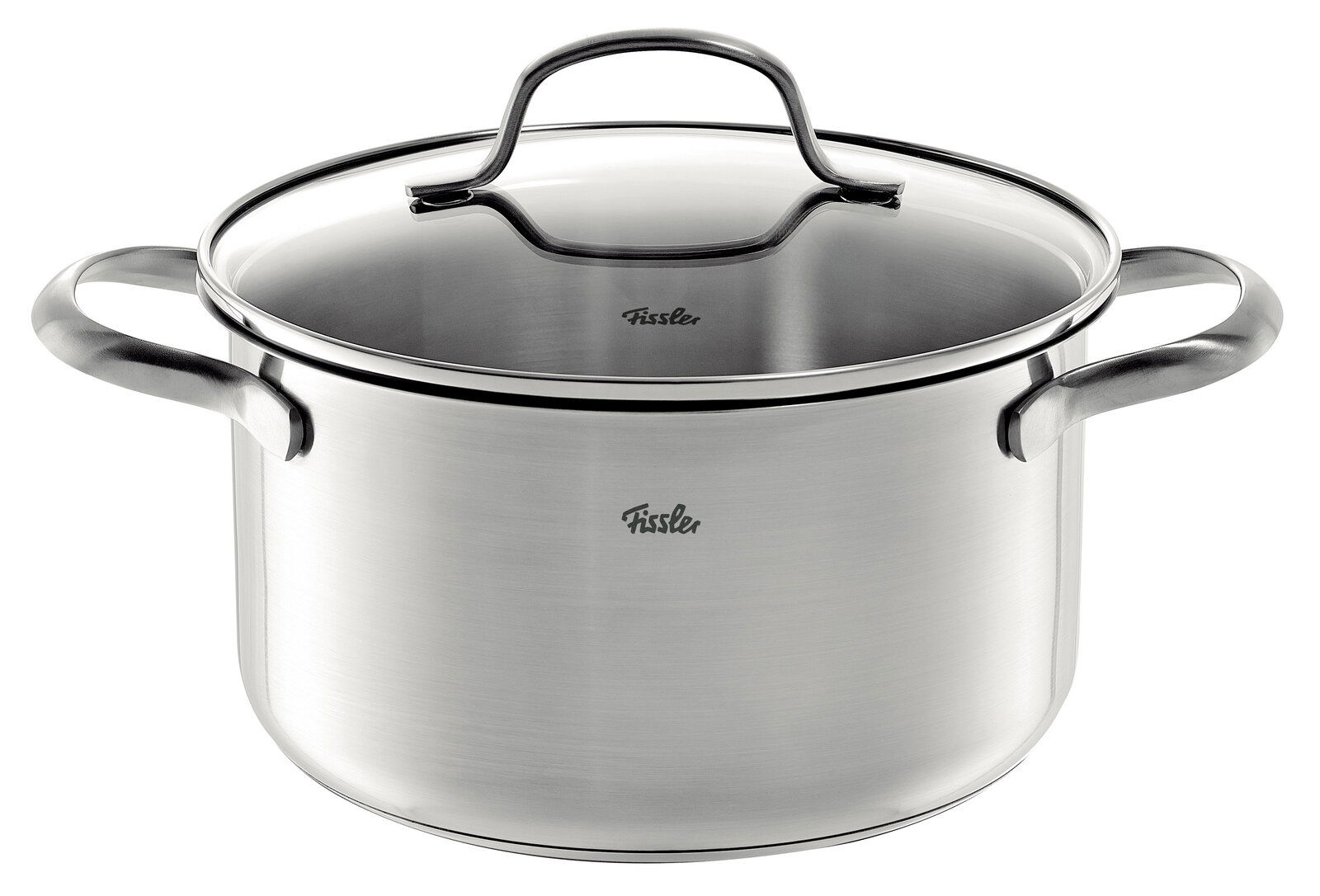 Edelstahl-Kochtopf mit Glasdeckel und zwei Griffen, frontal fotografiert