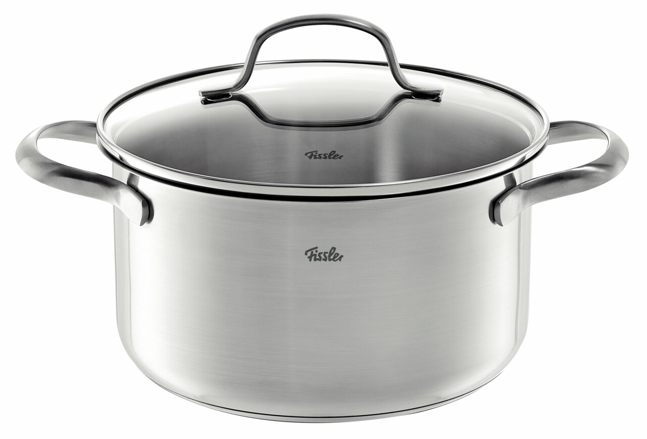 Edelstahl-Kochtopf mit Glasdeckel und zwei Griffen, frontal fotografiert