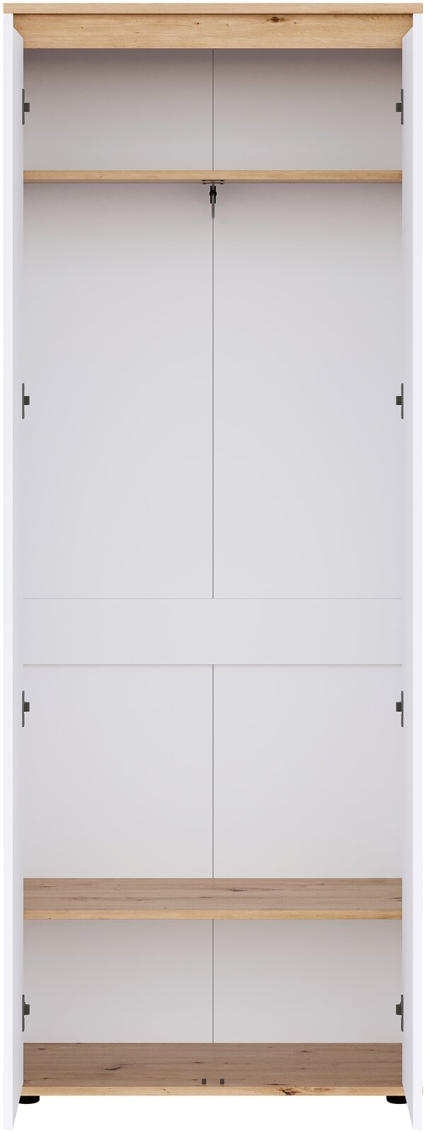 Weißer Kleiderschrank mit zwei Türen, innen mit Holzablagen und Mittelsteg, Frontansicht von vorne