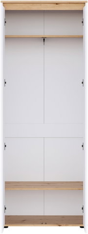 Weißer Kleiderschrank mit zwei Türen, innen mit Holzablagen und Mittelsteg, Frontansicht von vorne