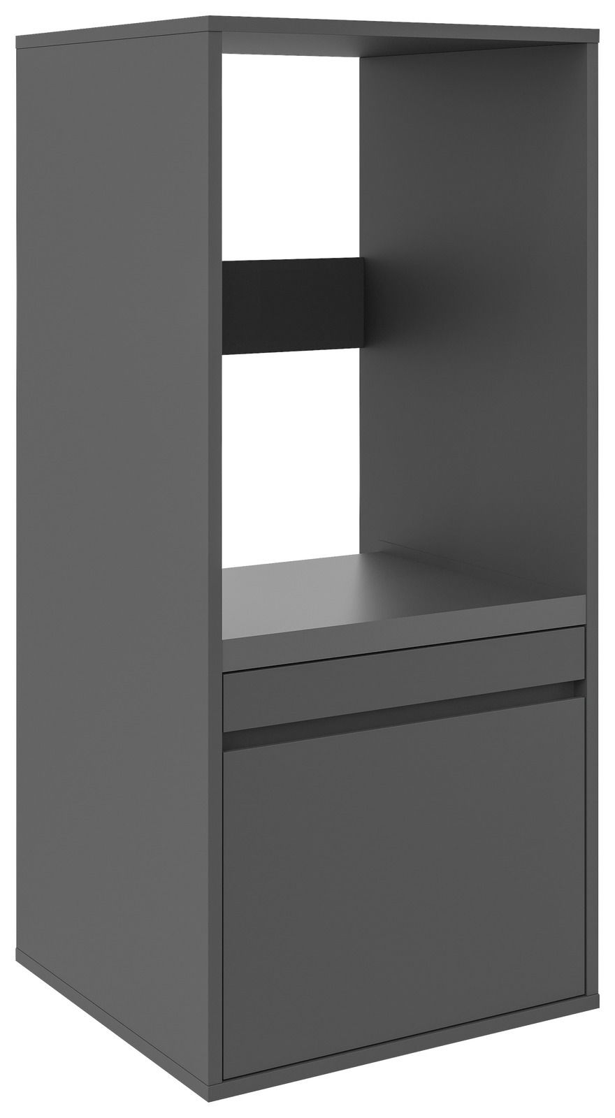 Grauer Waschmaschinenschrank mit offener Rückseite und Schublade, seitliche Perspektive