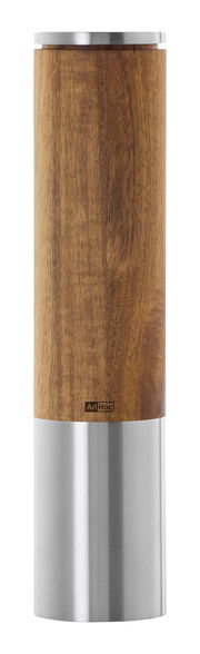 Elektrische Pfeffer- und Salzmühle aus Holz und Edelstahl, seitliche Ansicht