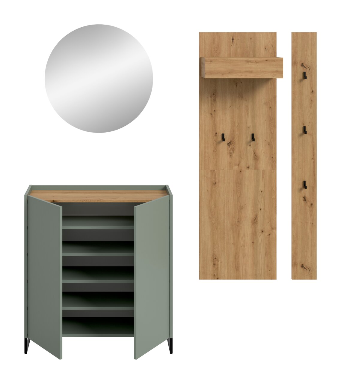 Garderoben-Set in Grün und Holzoptik: runder Wandspiegel, offenes Schuhschrank/Sideboard mit geöffneten Türen und Regalböden sowie Wandpaneel mit Hutablage und Haken, frontal/gerade Ansicht auf weißem Hintergrund