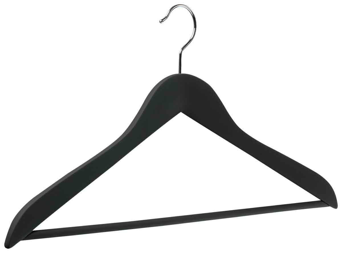 Schwarzer Kleiderbügel aus Holz mit Metallhaken, Vorderansicht