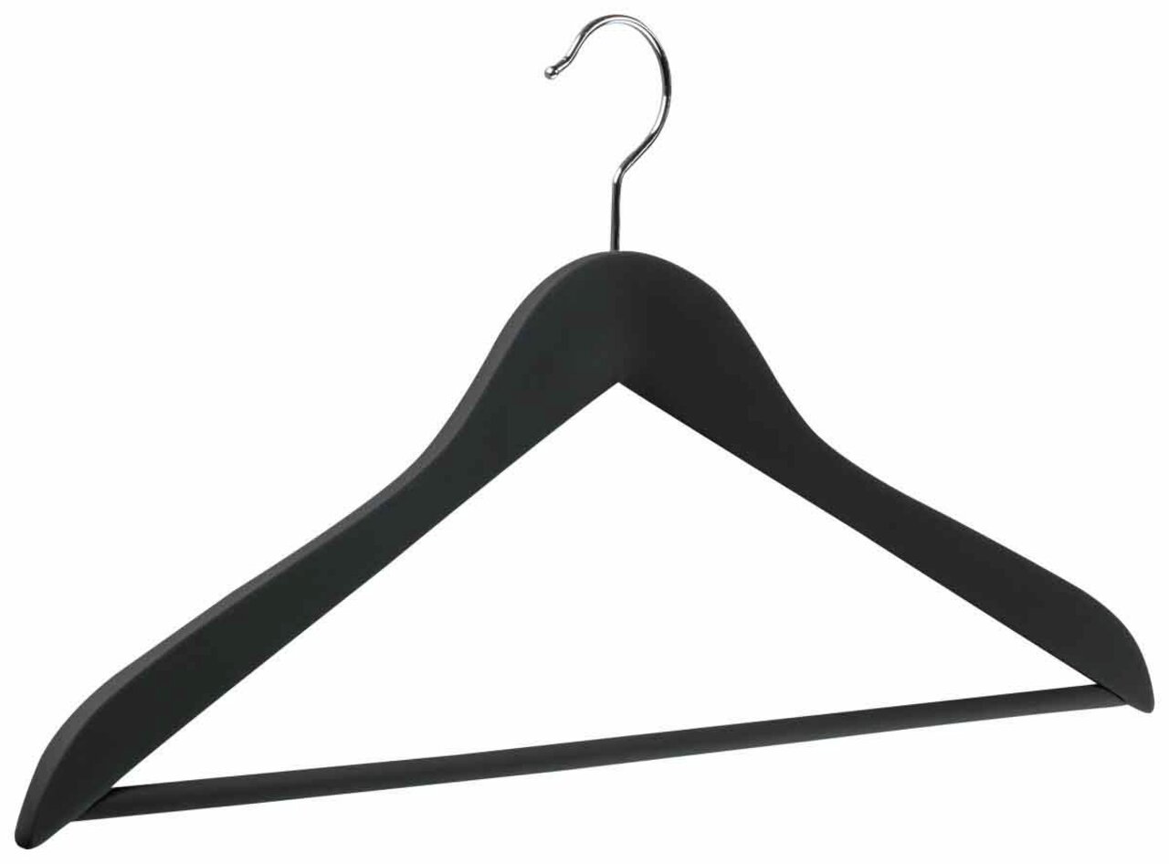 Schwarzer Kleiderbügel aus Holz mit Metallhaken, Vorderansicht