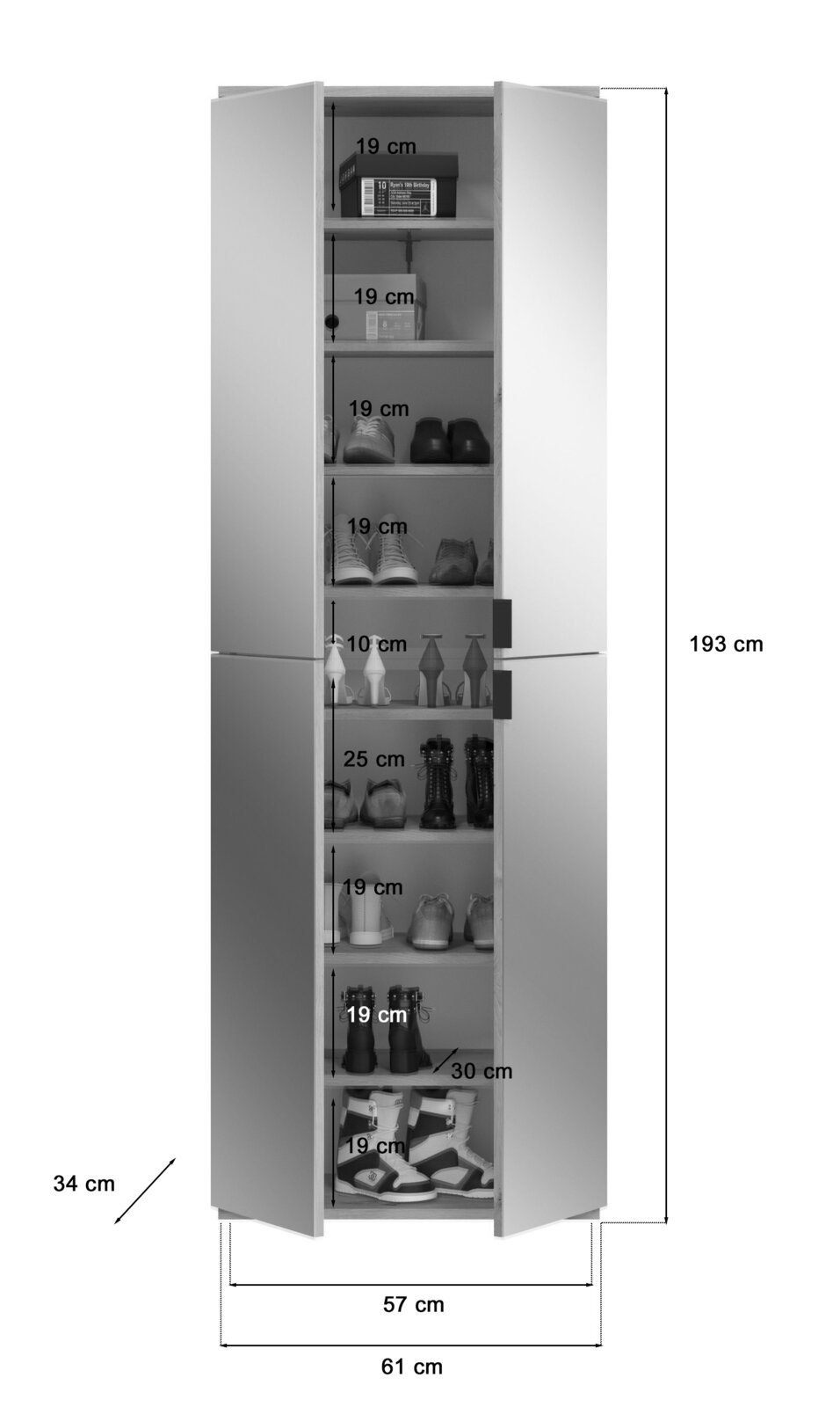 Frontale Ansicht einer Garderobenkombination mit offenen Türen, die mehrere Regalböden für Schuhe und andere Gegenstände zeigt. Maße: 193 cm hoch, 61 cm breit, 34 cm tief.