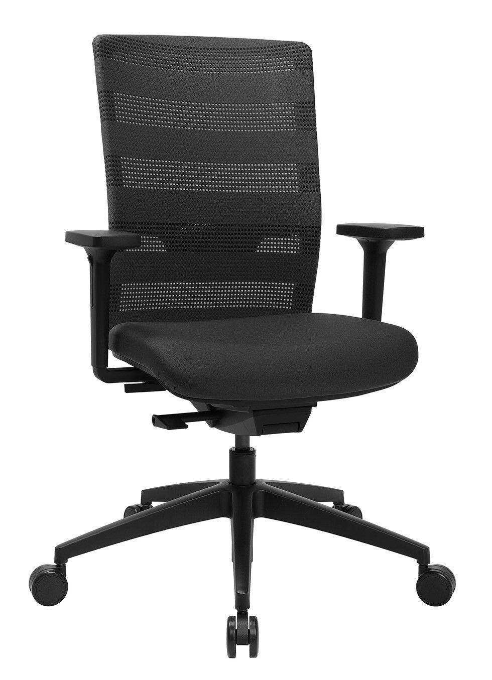 Sitness Bürostuhl AIRWORK Schwarzer Bürostuhl Topstar SITNESS AIRWORK, Vorderansicht, mit Netzrückenlehne und verstellbaren Armlehnen.