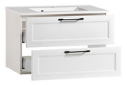 Weißes Waschtisch-Set mit zwei Schubladen, schwarze Griffe, seitliche Perspektive