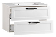 Weißes Waschtisch-Set mit zwei Schubladen, schwarze Griffe, seitliche Perspektive