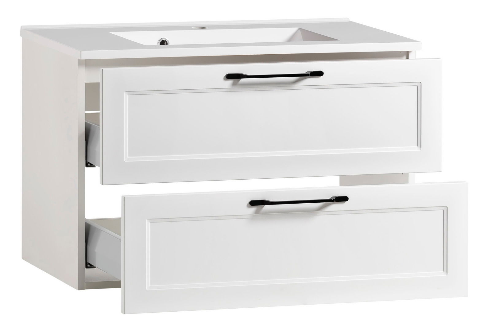 Weißes Waschtisch-Set mit zwei Schubladen, schwarze Griffe, seitliche Perspektive