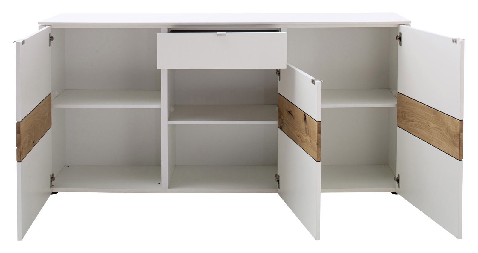 Weißes Sideboard mit offenen Türen und Schublade, Holzdetails, Frontansicht