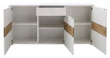 Weißes Sideboard mit offenen Türen und Schublade, Holzdetails, Frontansicht