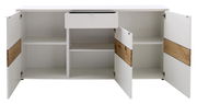 Weißes Sideboard mit offenen Türen und Schublade, Holzdetails, Frontansicht