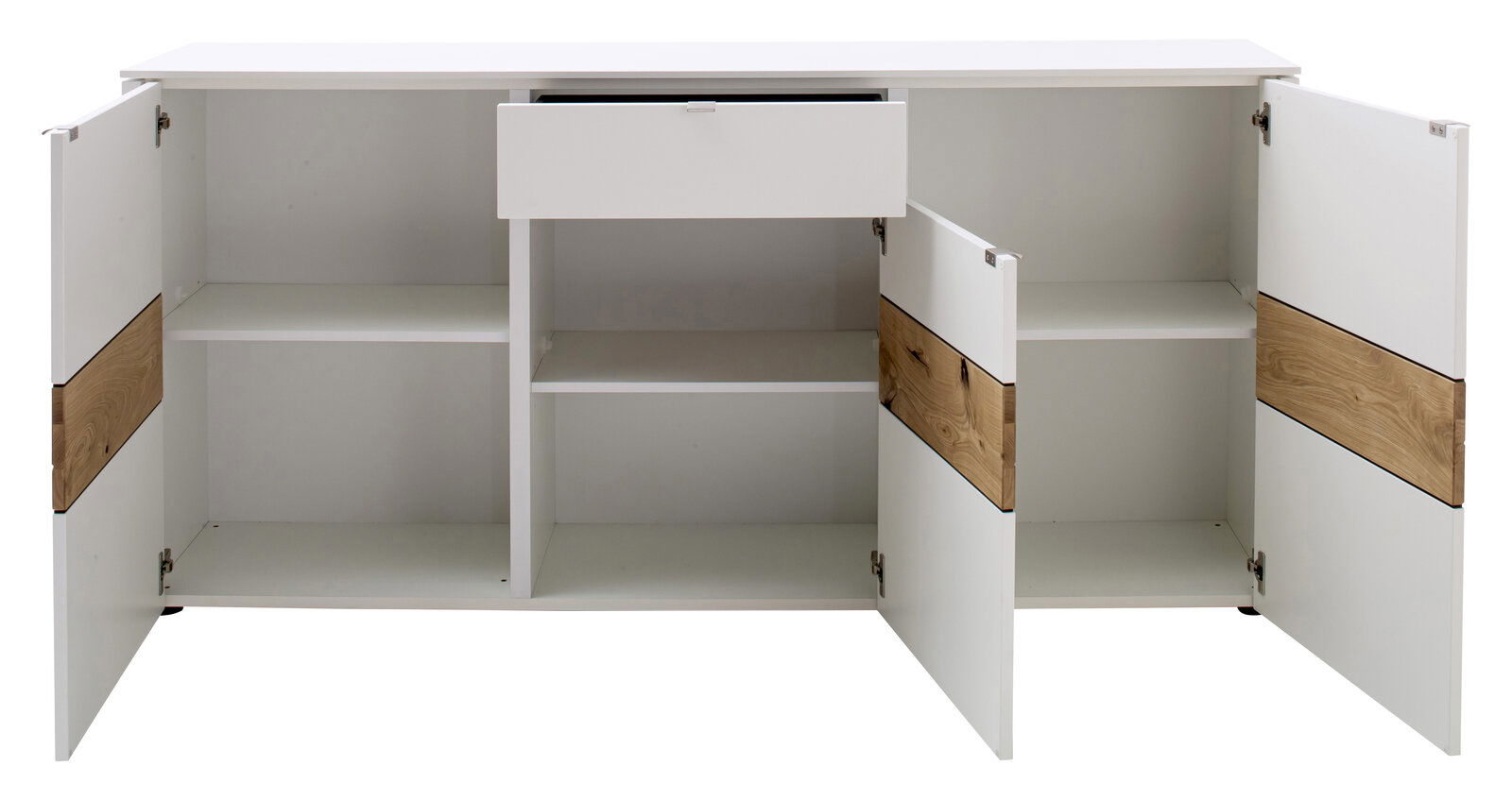 Weißes Sideboard mit offenen Türen und Schublade, Holzdetails, Frontansicht