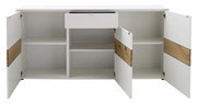 Weißes Sideboard mit offenen Türen und Schublade, Holzdetails, Frontansicht
