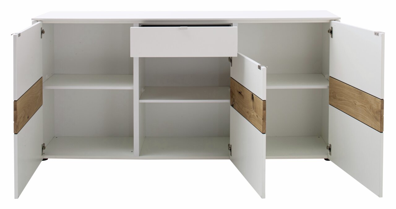 Weißes Sideboard mit offenen Türen und Schublade, Holzdetails, Frontansicht