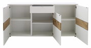 Weißes Sideboard mit offenen Türen und Schublade, Holzdetails, Frontansicht