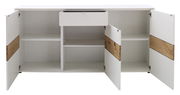 Weißes Sideboard mit offenen Türen und Schublade, Holzdetails, Frontansicht